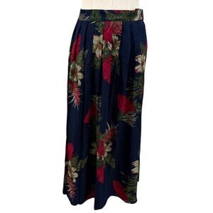 Vintage Alfred Dunner Silk Dark Navy Blue Tropical Floral Midi Skirt Size 12